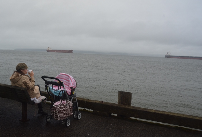 woman on waterfront dock with baby carriage